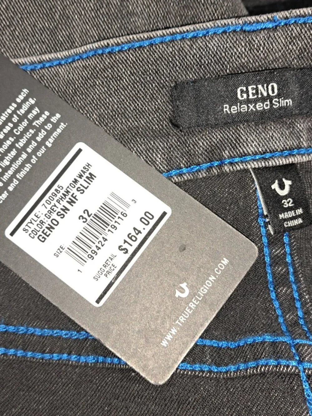 True Religion Men’s Geno Relaxed Slim Grey Phantom Jeans Size 32 NWT